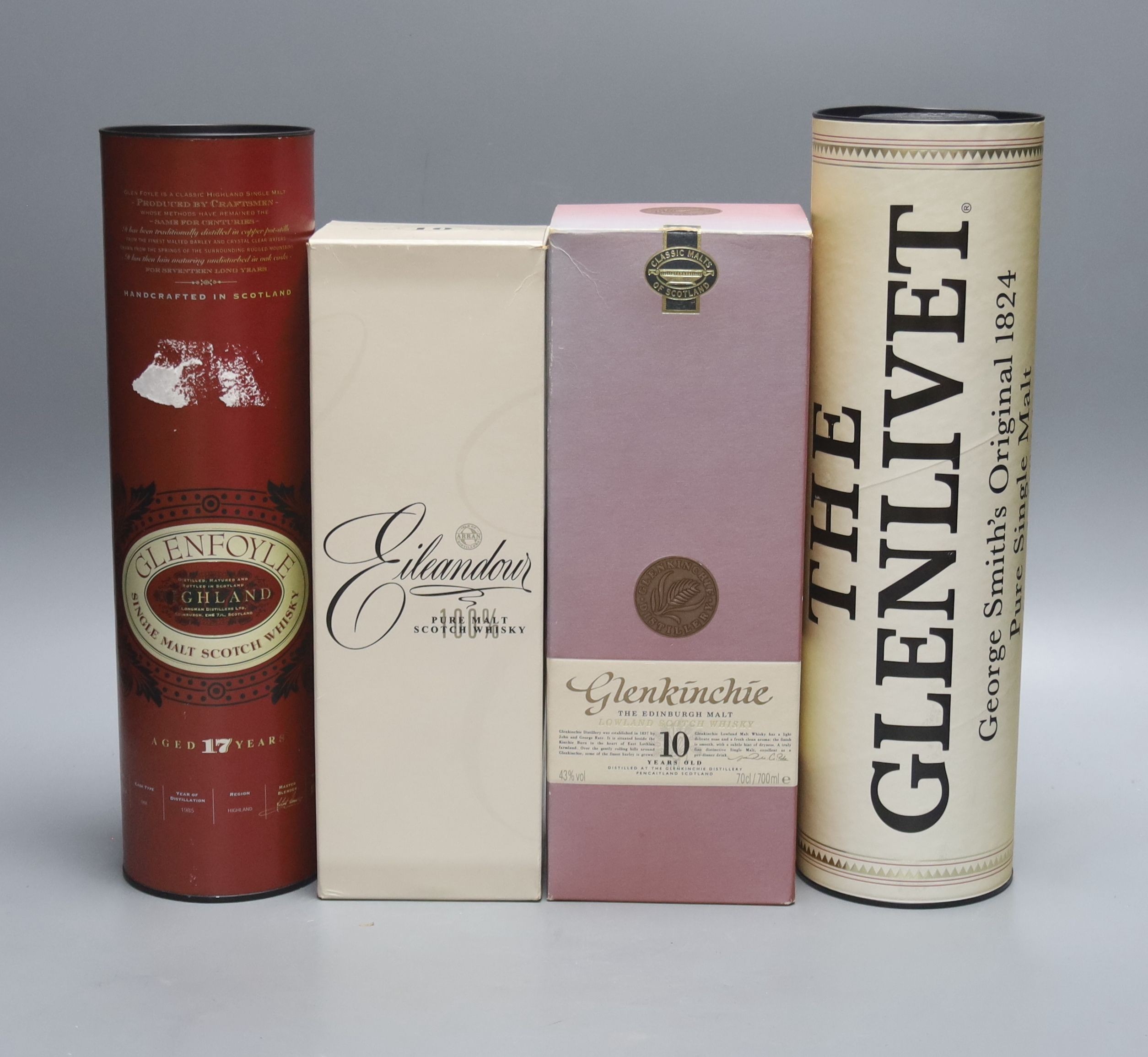 Four assorted malt whiskies- A bottle of Eilandour 10 year old, The Glenlivet, Glen Foyle 17 year old & Glen Kinchie 10 year old.